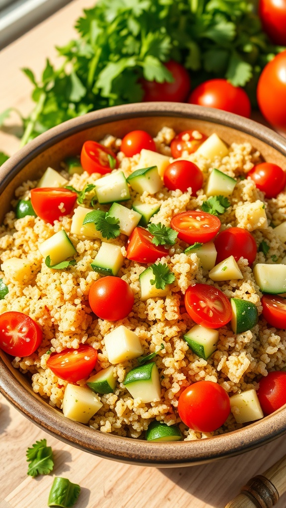 Nutty and Flavorful Quinoa Salad Recipe A vibrant quinoa salad with vegetables in a rustic bowl, showcasing fresh ingredients on a sunlit kitchen table.